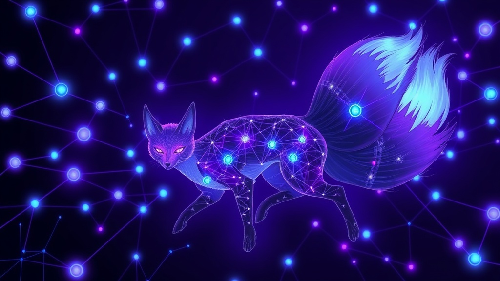 Illustration depicting a mythical nine-tailed fox with glowing eyes and multiple tails.