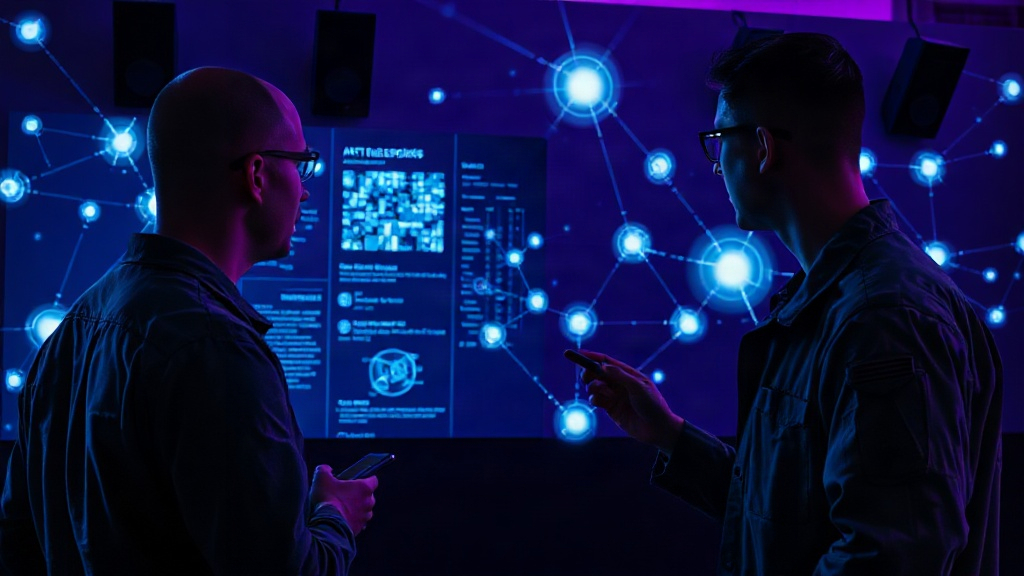US military personnel reviewing intelligence reports on a digital display.