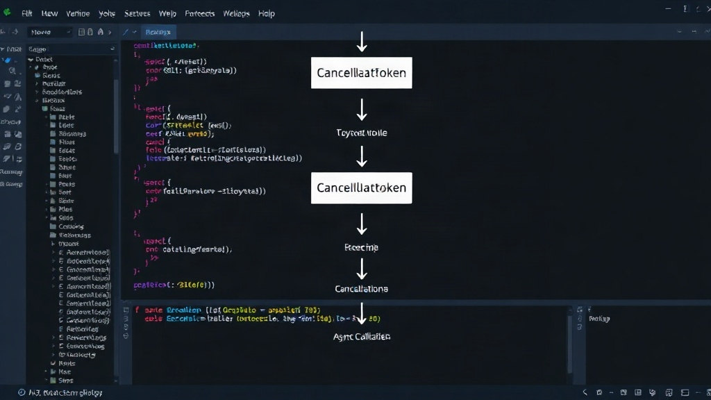Diagram showing a CancellationToken propagating through an async call stack in .NET Core