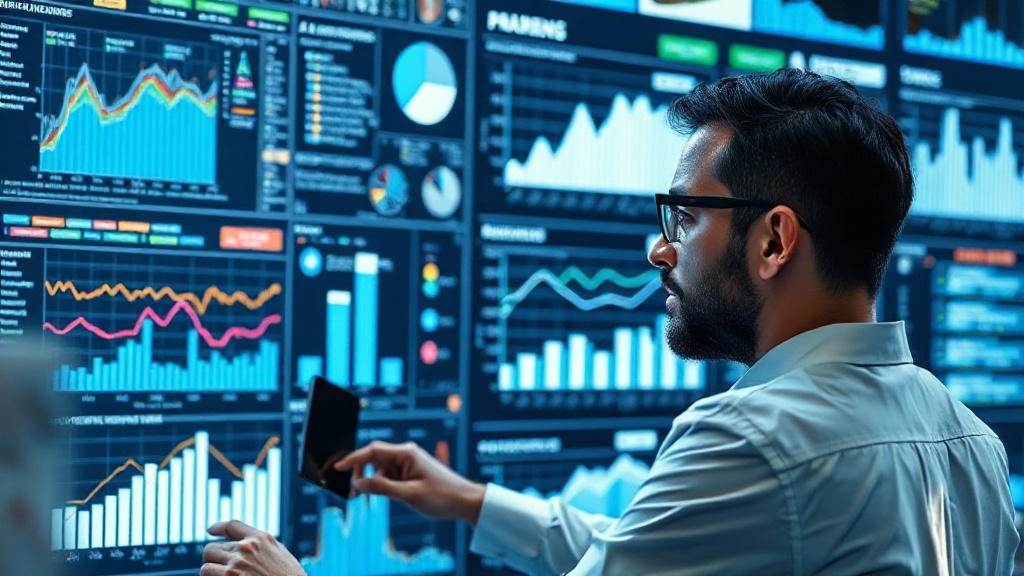 Data analyst using AI tools to visualize complex datasets on a futuristic interface.