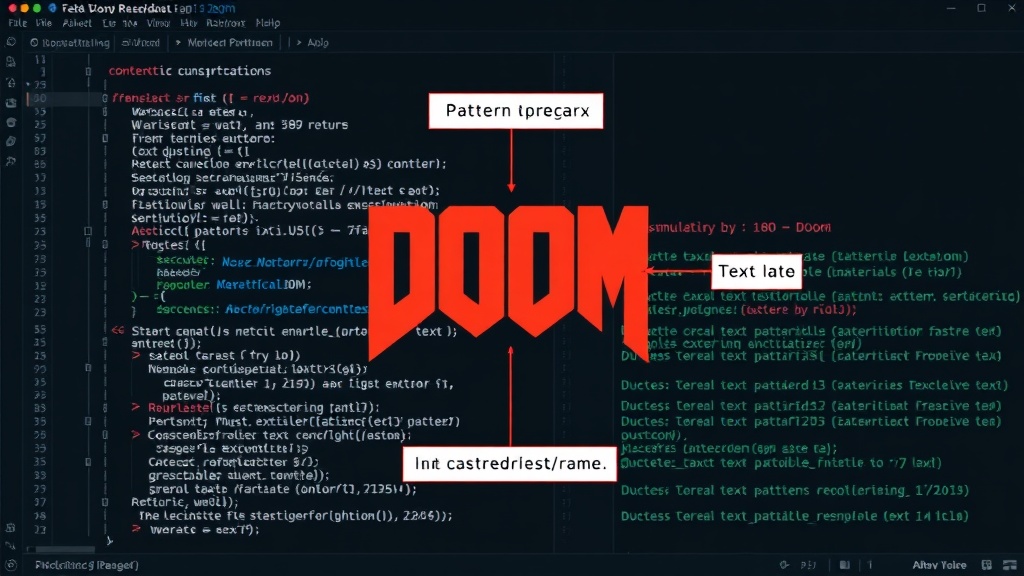 Conceptual diagram illustrating text pattern substitutions simulating game logic for Doom rendering