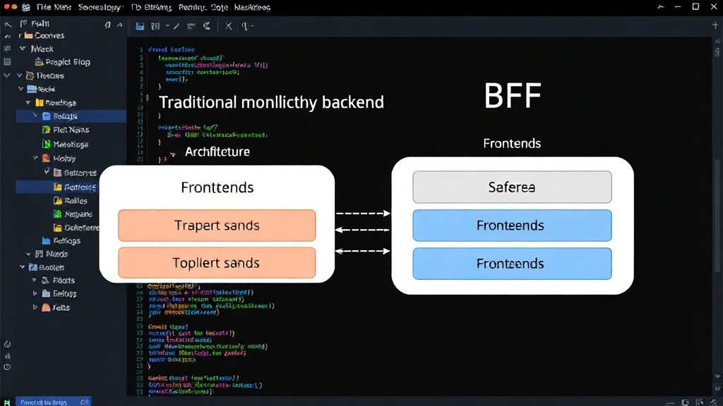Diagram illustrating a traditional monolithic backend versus a BFF architecture with multiple frontends