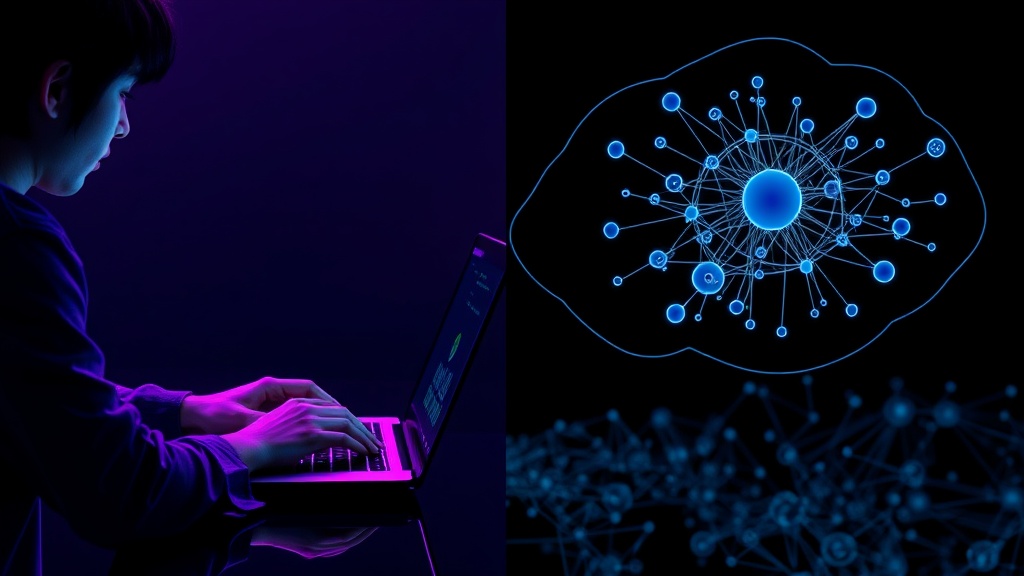 A split screen showing a person effortlessly typing into a laptop on one side, and a thought bubble with a complex AI-generated diagram on the other.