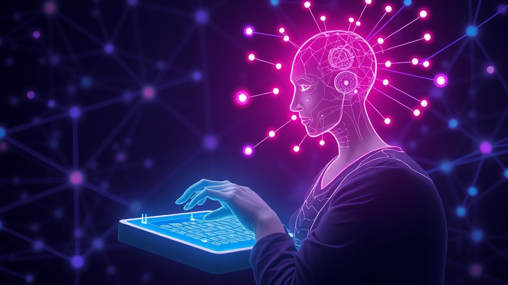 Illustration of a person interacting with a holographic AI companion on a futuristic device.