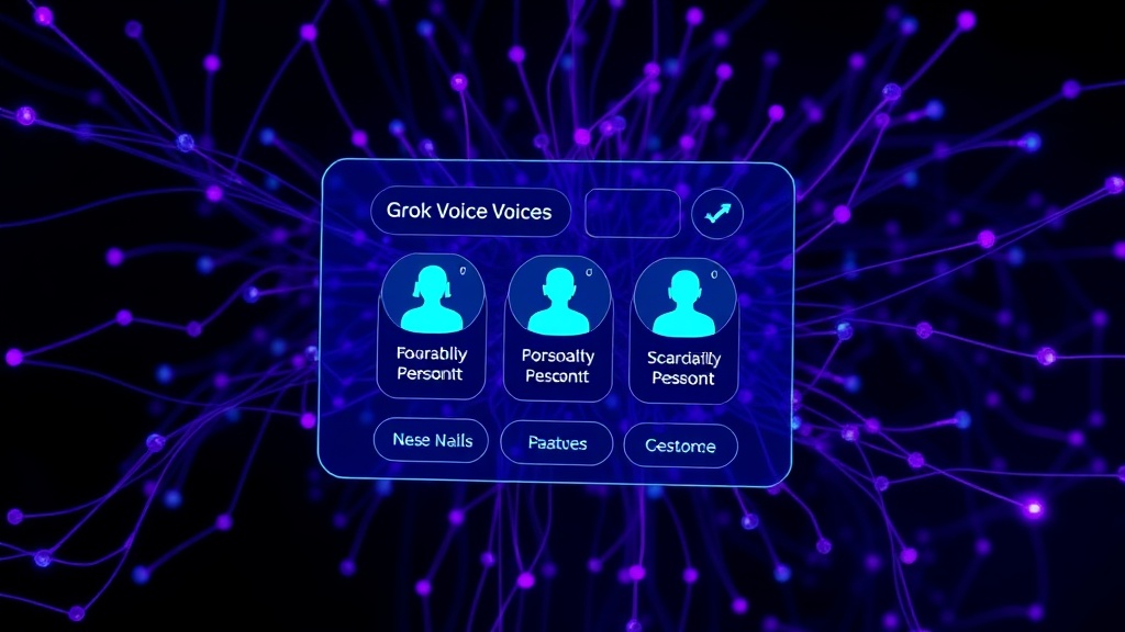 User interface mock-up showing Grok chatbot with selectable personality voice options