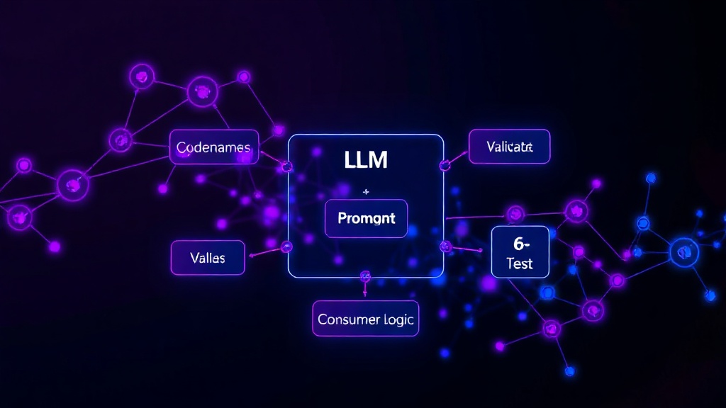 Diagram illustrating Codenames AI's core components: LLM, prompt, validator, and consumer logic.