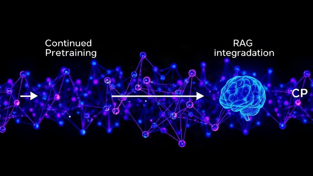 Diagram illustrating the flow from Continued Pretraining to RAG integration for LLM knowledge augmentation.