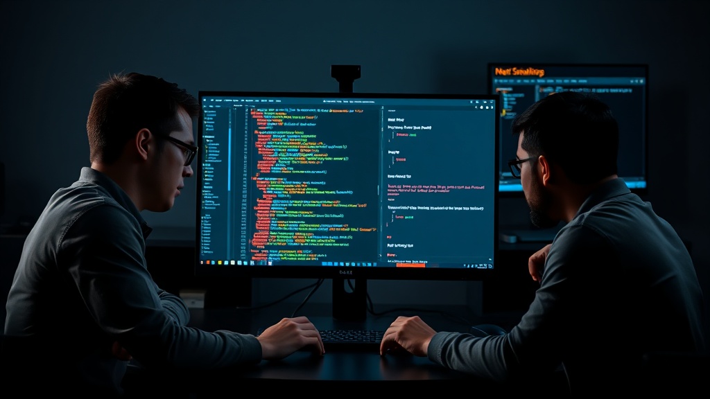Developer team collaborating around a monitor displaying Next.js code