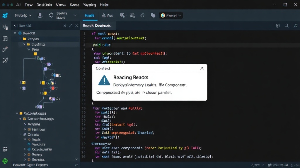 React DevTools showing component tree and highlighting an unmounted component warning.