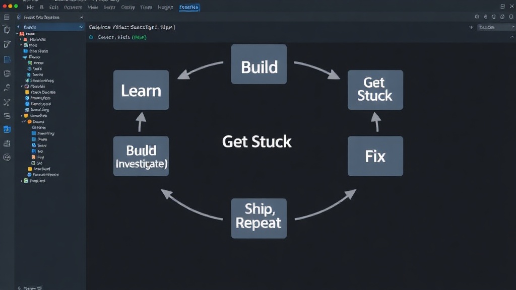 Diagram illustrating the iterative AI project development loop: Learn, Build, Get Stuck, Investigate, Fix, Ship, Repeat.