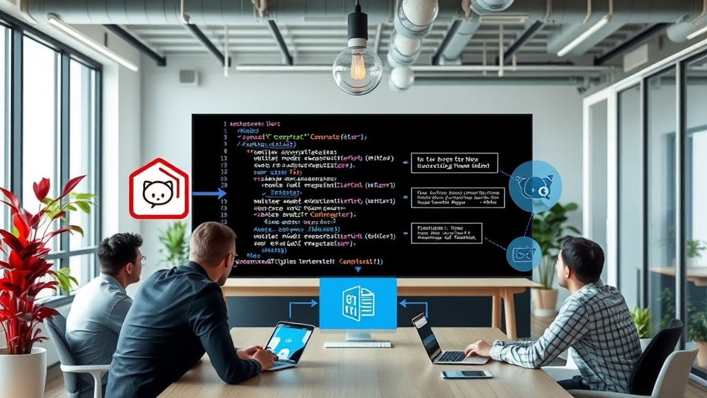 Conceptual diagram showing AI analyzing GitHub code to generate documentation