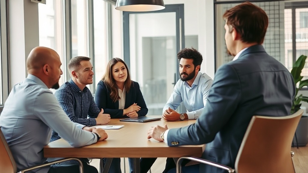 Procurement leaders discussing workflow challenges and software limitations in a meeting room.