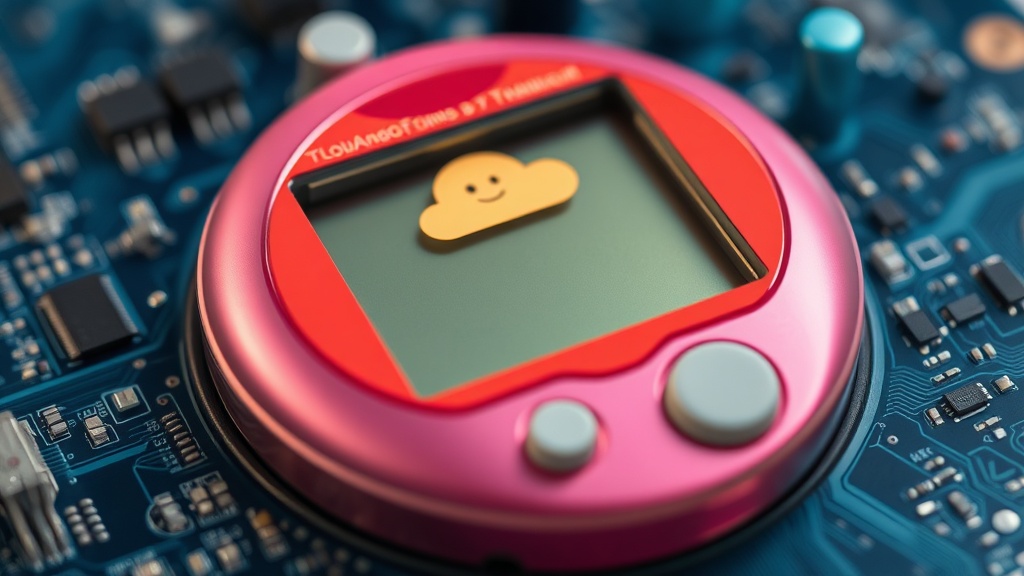 The Cloudagotchi device, showcasing its AMOLED screen and interactive buttons.