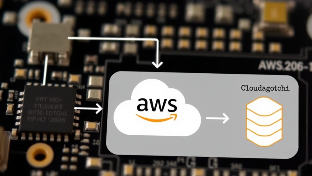 Diagram illustrating the flow of data from the Cloudagotchi device to AWS IoT Core and DynamoDB.