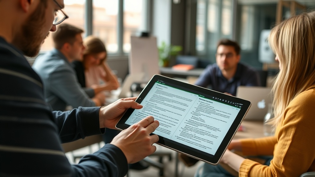 Filmmaker analyzing script breakdown on a digital tablet