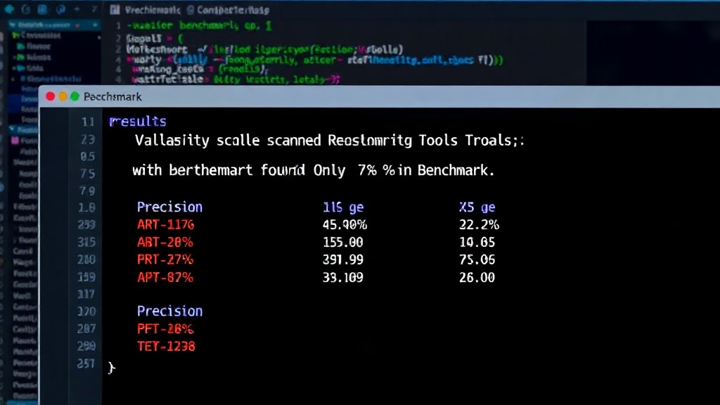 Terminal output showing vulnerability scanner benchmark results with precision and recall metrics