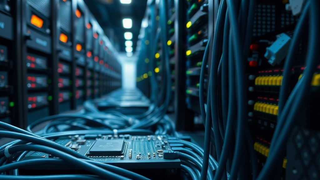 A visual representation of data center server racks and network cables