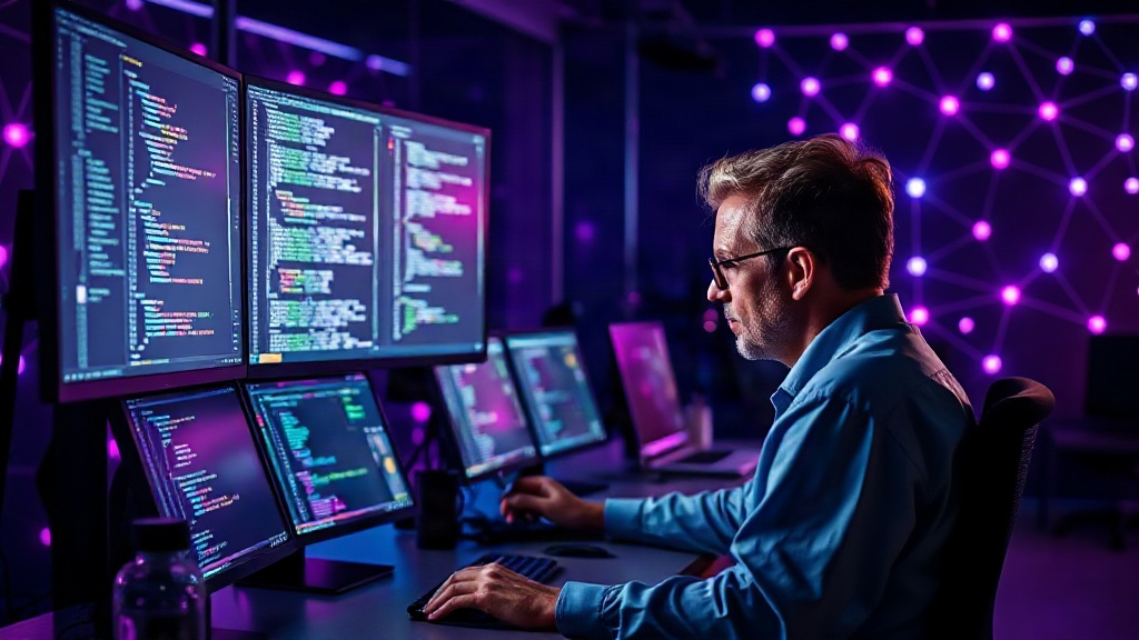 Developer reviewing code on multiple monitors in a modern office setting