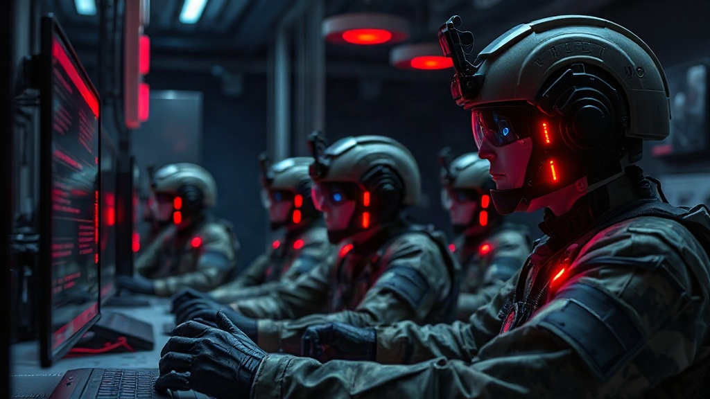 U.S. military personnel training with advanced robotics and AI simulation systems.