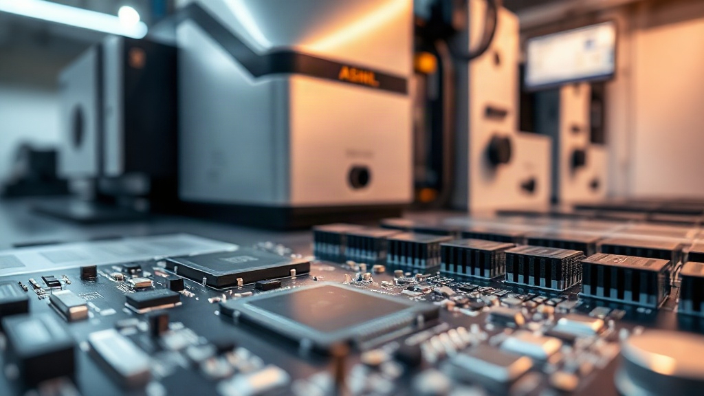 ASML EUV lithography machine in a cleanroom environment, symbolizing advanced chip manufacturing.