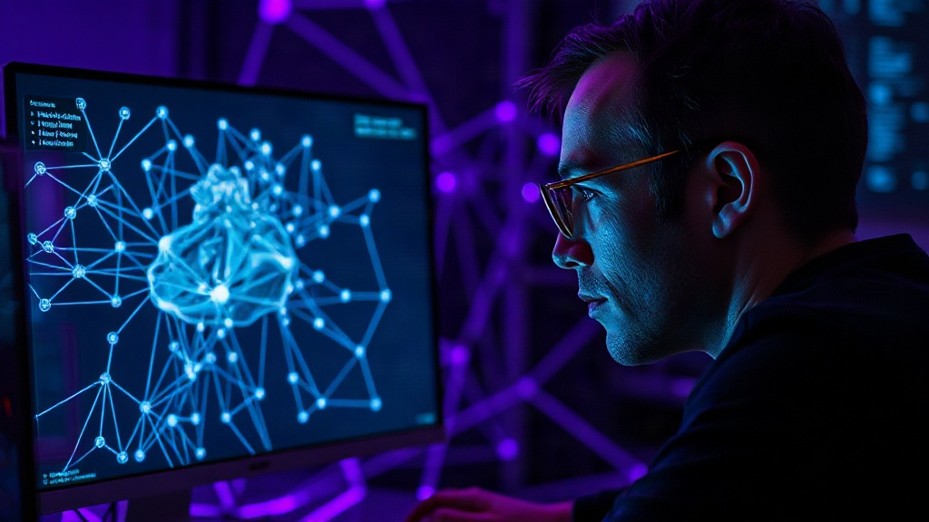 A person intensely focused on a complex 3D model of a robotic arm on a computer screen