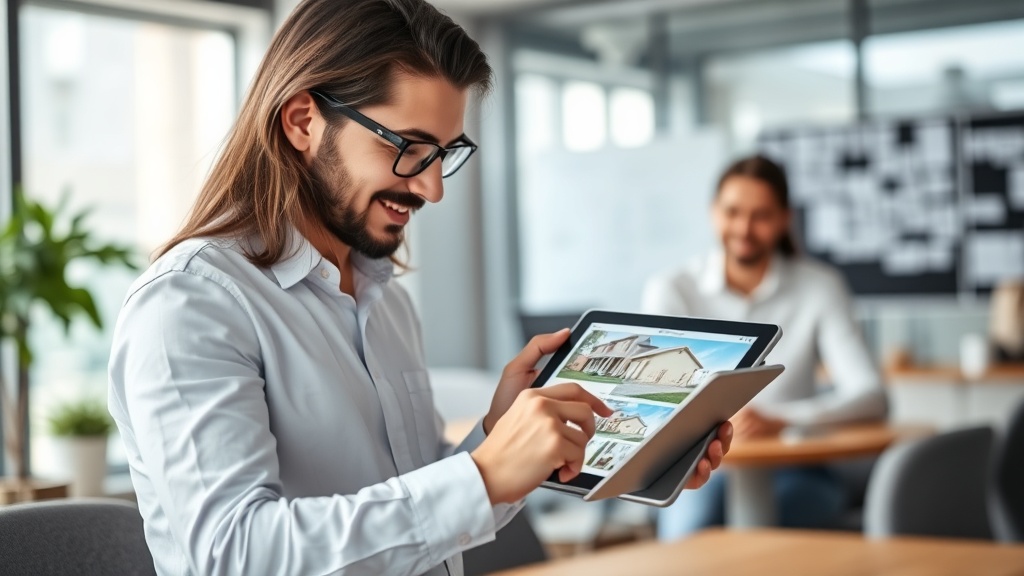 A real estate agent reviewing property listings on a tablet device