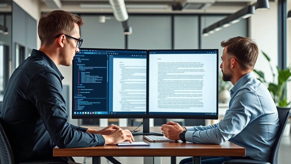 A split screen showing an AI drafting tool on one side and a human editor reviewing content on the other.