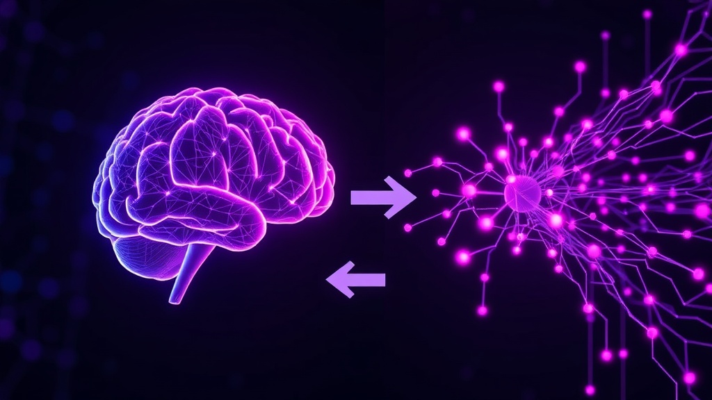 A split image showing a human brain on one side and an AI neural network on the other, with arrows indicating information flow.