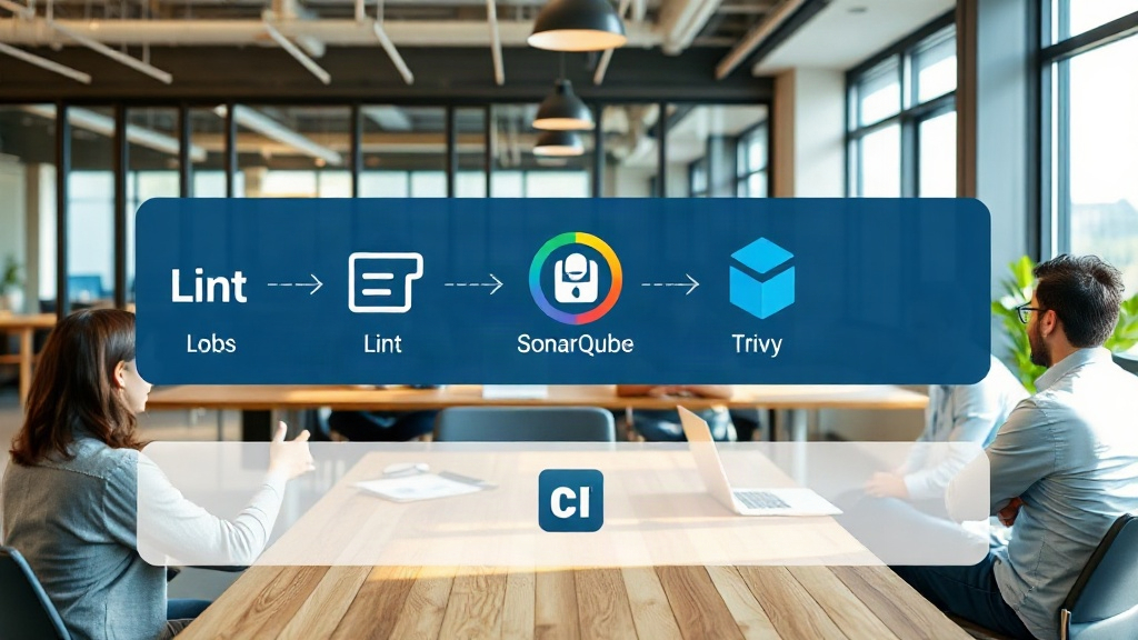 Diagram illustrating parallel jobs in a CI pipeline: Lint, SonarQube, and Trivy