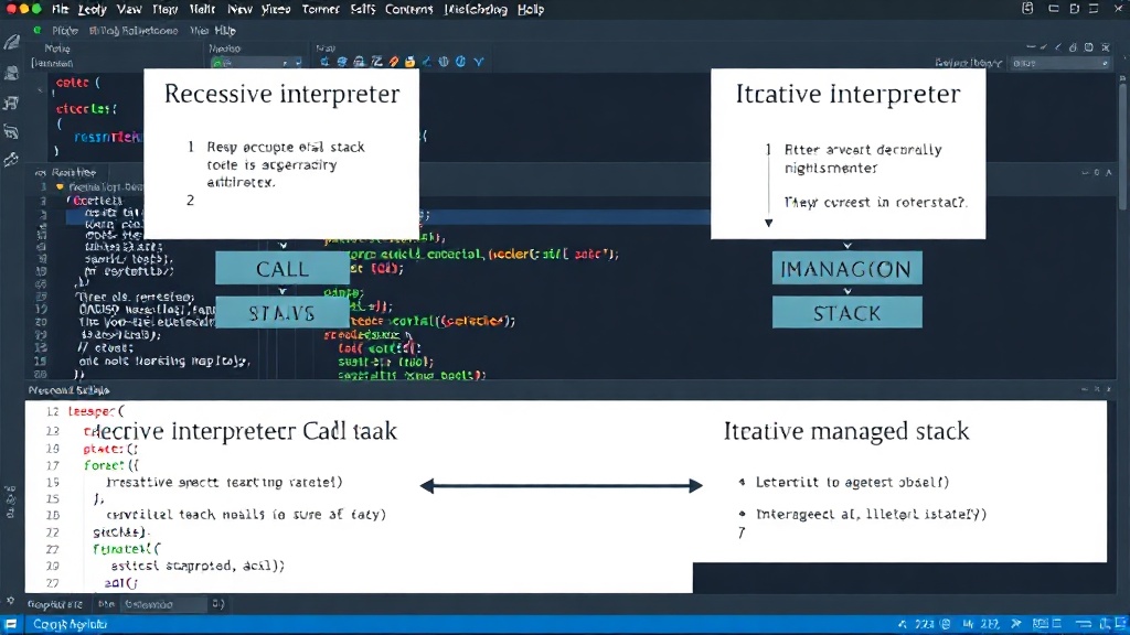 Diagram illustrating a recursive interpreter's call stack versus an iterative interpreter's managed stack