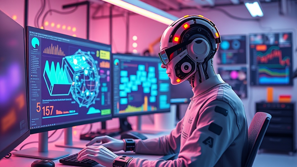 An AI-generated avatar interacting with a complex 3D data visualization in a virtual workspace