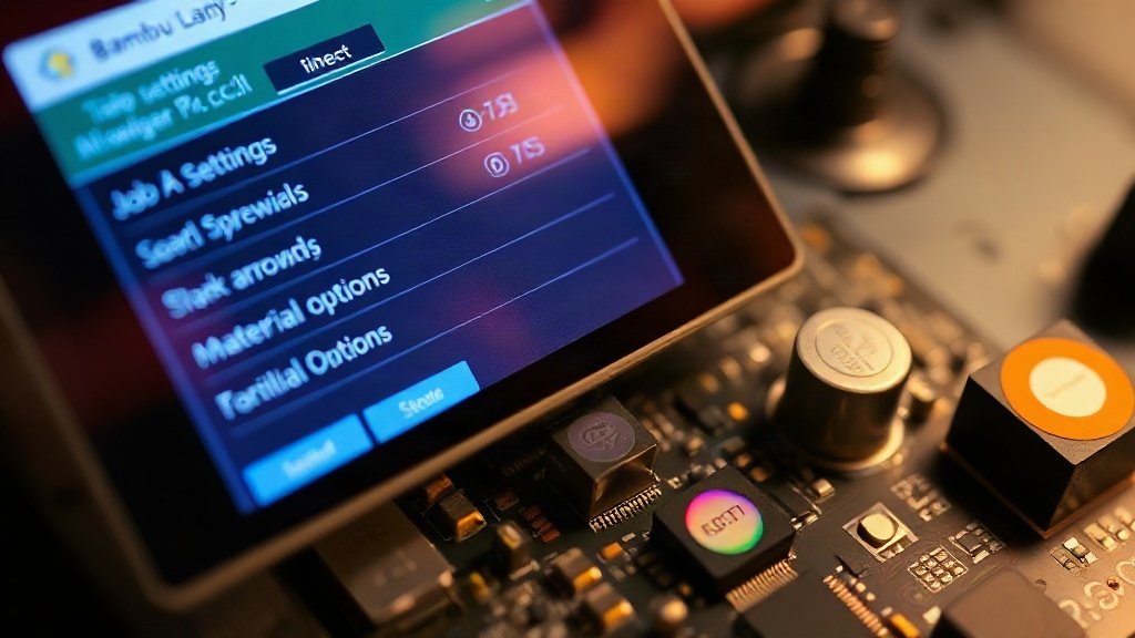 Bambu Lab R1 touchscreen interface displaying job settings and material options