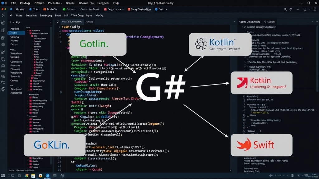 Conceptual diagram illustrating G#'s ergonomic features drawn from Go, Kotlin, and Swift.