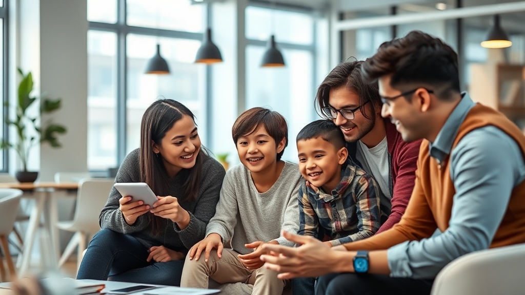 A family interacting with a smart home device, showing emotional connection.