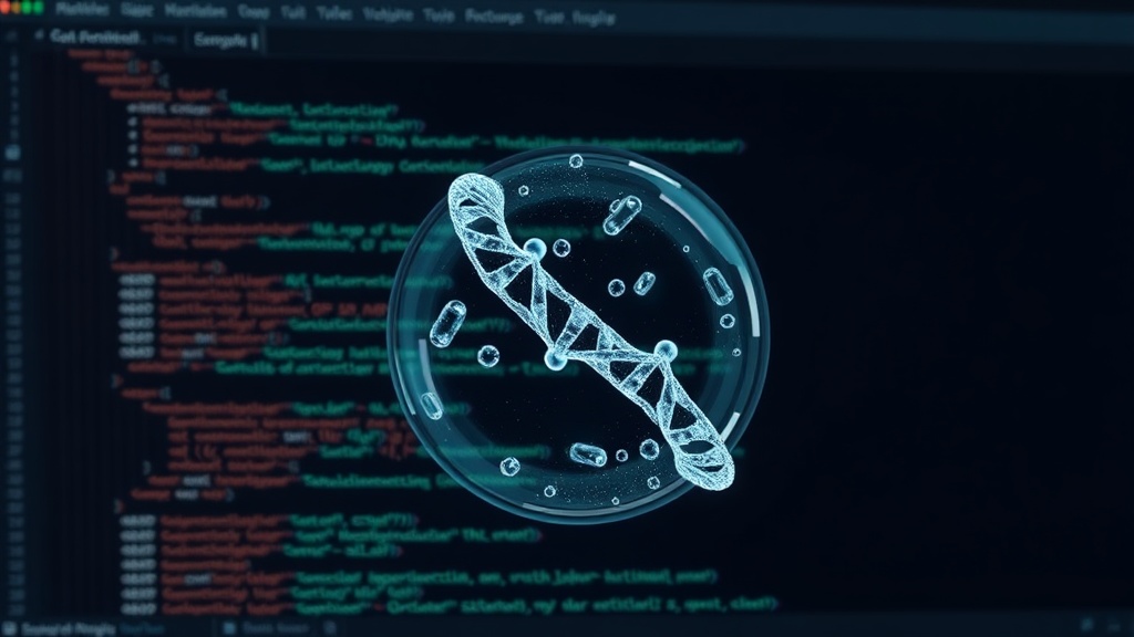 Metaphorical representation of DNA as code being compiled and executed within a cell.
