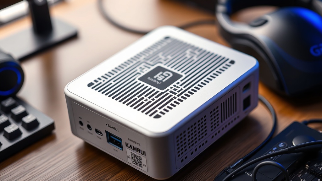 Kamrui H1 mini-PC with gaming peripherals on a desk