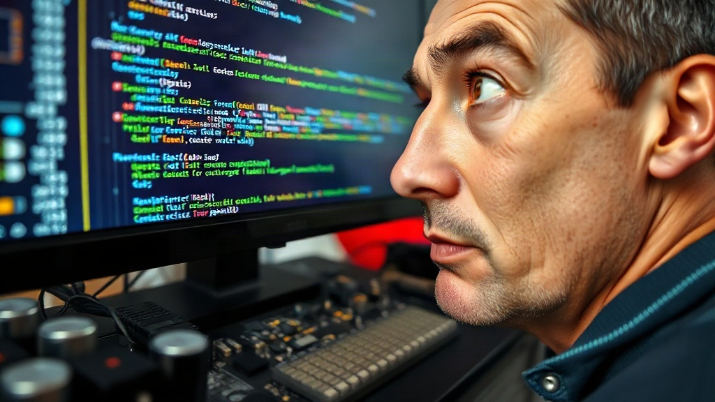 A developer looking surprised at AI-generated code on a monitor