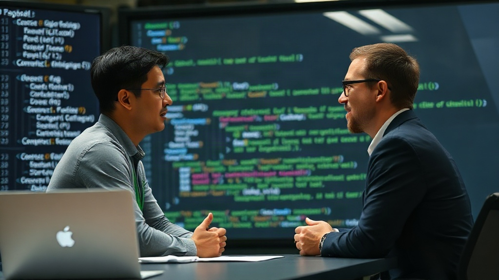 An engineering manager and employee discussing career path in a conference setting