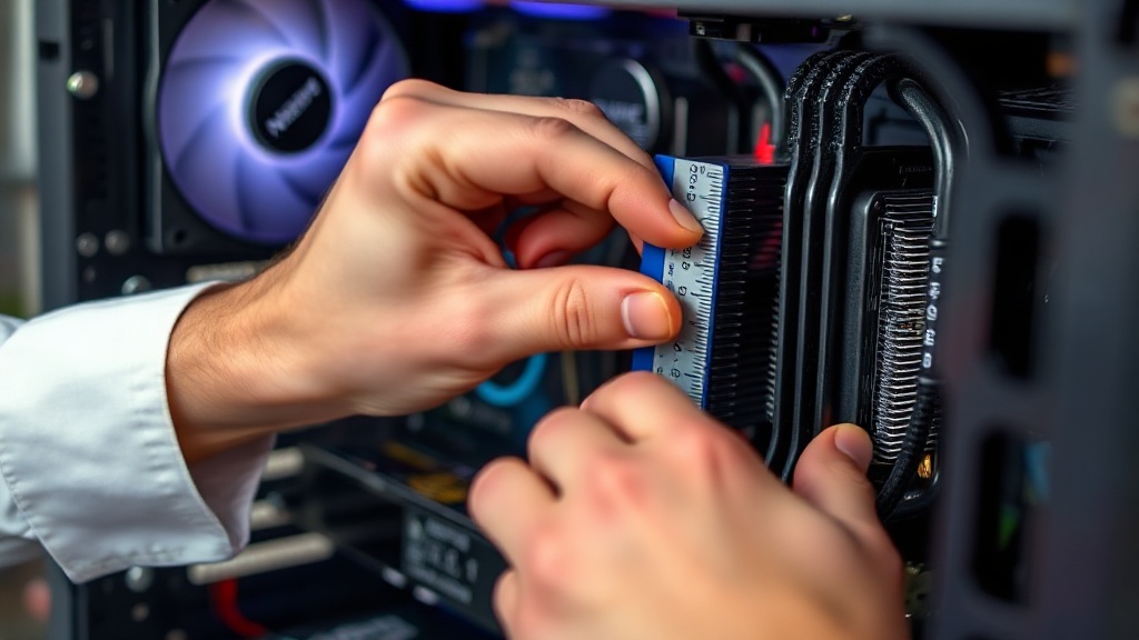 Noctua engineer meticulously measuring CPU cooler clearance inside a PC case.