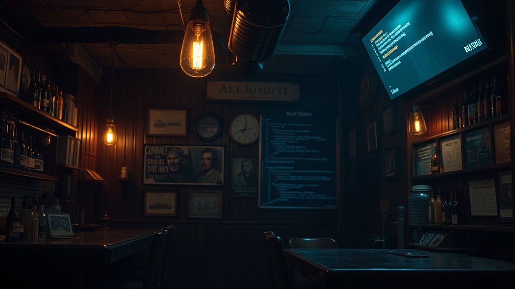 A weathered, dimly lit bar scene evoking Bukowski's signature atmosphere
