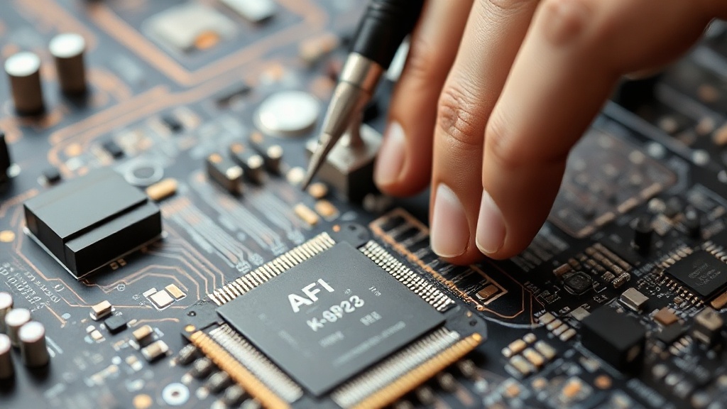 An engineer collaborating with an AI interface on a complex chip architecture diagram.