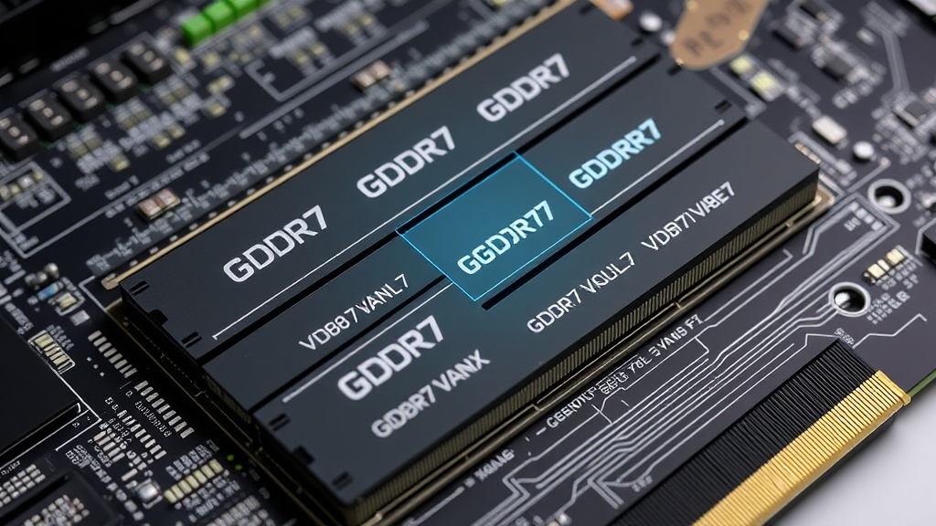 Diagram illustrating multiple GDDR7 VRAM modules on an RTX 50-series GPU PCB