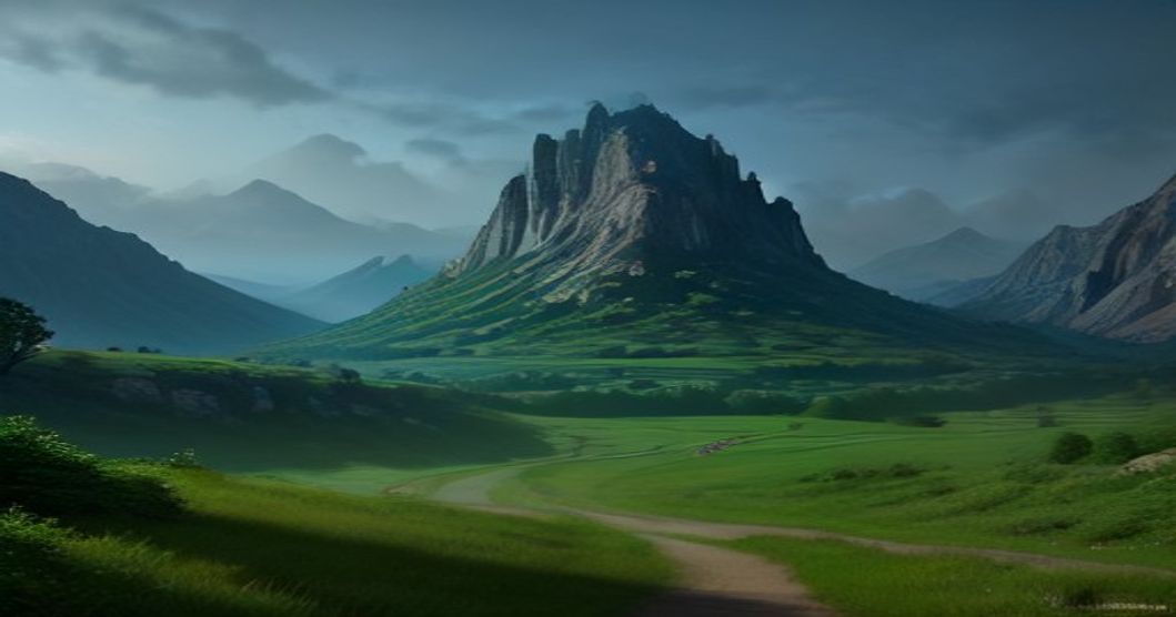 A medieval fantasy landscape concept art, rendered in a lush, detailed style.