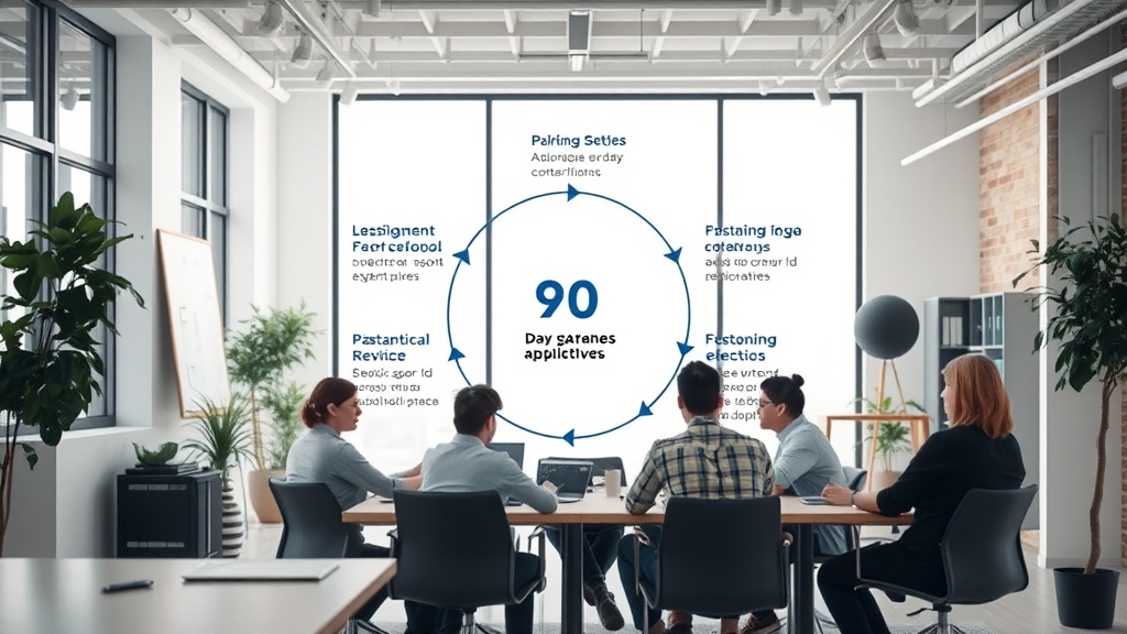 A diagram illustrating the feedback loop of a 90-day strategic planning cycle.