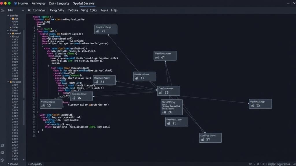 Conceptual visualization of a spatial programming canvas with interconnected code blocks