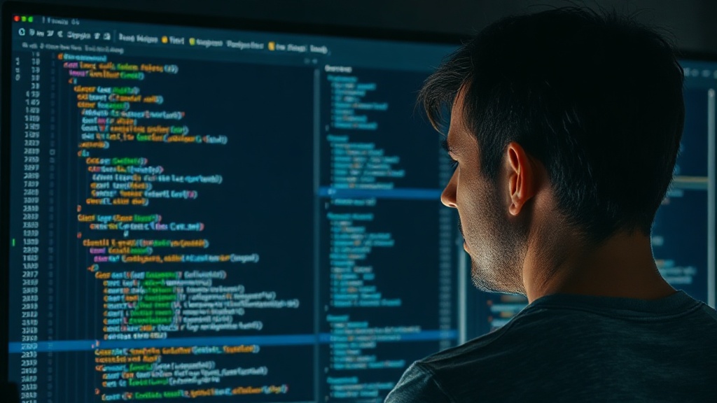 A developer staring at a complex code editor with a high test coverage percentage displayed