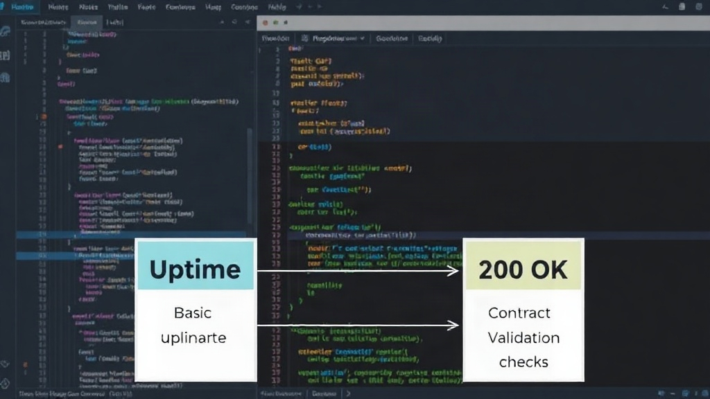 Diagram comparing a basic uptime check with a contract validation check for API responses.