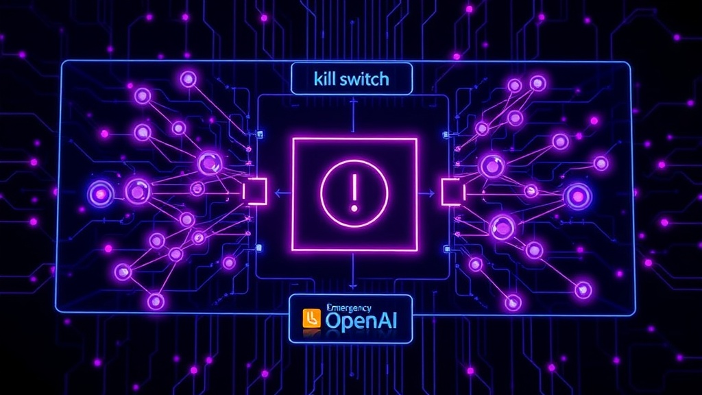 Schematic illustrating a conceptual AI 'kill switch' interface with emergency shutdown protocols.