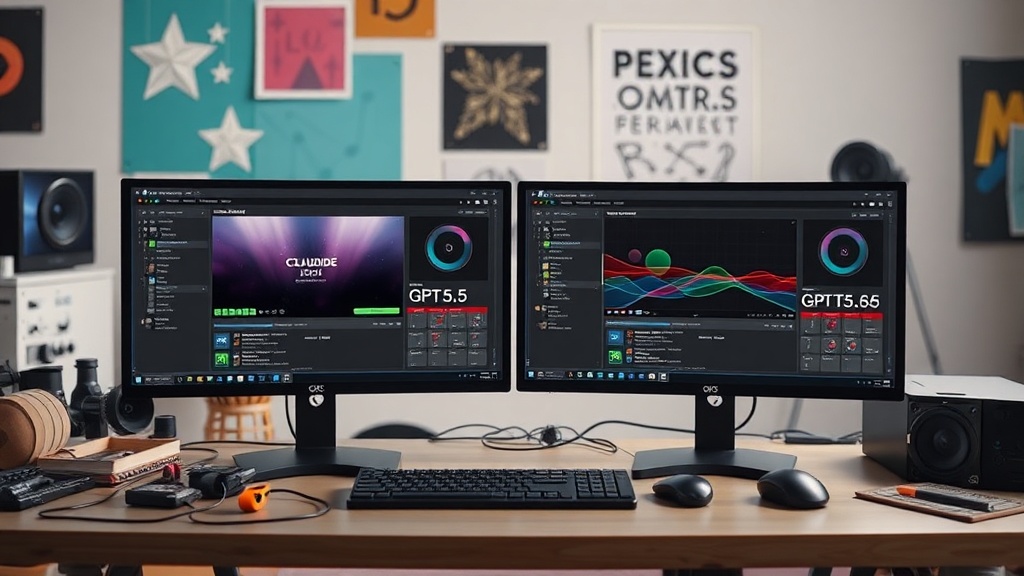 Split screen showing Claude Fable 5 and GPT-5.6 Sol interfaces during a creative task