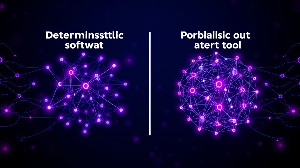 Diagram comparing deterministic software output vs. probabilistic AI agent output